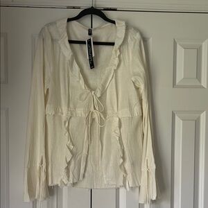H&M Beige Ruffle Linen Blend Tie Front Women's Top Size L